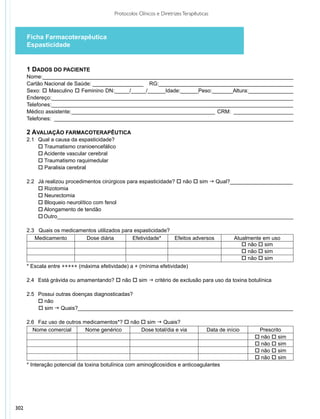 Protocolos Clínicos e Diretrizes Terapêuticas



      Ficha Farmacoterapêutica
      Espasticidade


      1 DADOS DO PACIENTE
      Nome:___________________________________________________________________________________
      Cartão Nacional de Saúde:__________________ RG:_____________________________________________
      Sexo: o Masculino o Feminino DN:_____/_____/______Idade:______Peso:_______Altura:_______________
      Endereço:________________________________________________________________________________
      Telefones:________________________________________________________________________________
      Médico assistente:_ _______________________________________________ CRM: ____________________
                        _
      Telefones:  ________________________________________________________________________________

      2 AVALIAÇÃO FARMACOTERAPÊUTICA
      2.1 	 Qual a causa da espasticidade?
            o Traumatismo cranioencefálico
            o Acidente vascular cerebral
            o Traumatismo raquimedular
            o Paralisia cerebral

      2.2 	 Já realizou procedimentos cirúrgicos para espasticidade? o não o sim g Qual?_____________________
            o Rizotomia
            o Neurectomia
            o Bloqueio neurolítico com fenol
            o Alongamento de tendão
            o Outro_______________________________________________________________________________

      2.3   Quais os medicamentos utilizados para espasticidade?
         Medicamento         Dose diária         Efetividade*    Efeitos adversos                Atualmente em uso
                                                                                                    o não o sim
                                                                                                    o não o sim
                                                                                                    o não o sim
      * Escala entre +++++ (máxima efetividade) a + (mínima efetividade)

      2.4 	 Está grávida ou amamentando? o não o sim g critério de exclusão para uso da toxina botulínica

      2.5	 Possui outras doenças diagnosticadas?
           o não
           o sim g Quais?________________________________________________________________________

      2.6 	 Faz uso de outros medicamentos*? o não o sim g Quais?
        Nome comercial         Nome genérico       Dose total/dia e via               Data de início     Prescrito
                                                                                                        o não o sim
                                                                                                        o não o sim
                                                                                                        o não o sim
                                                                                                        o não o sim
      * Interação potencial da toxina botulínica com aminoglicosídios e anticoagulantes




302
 