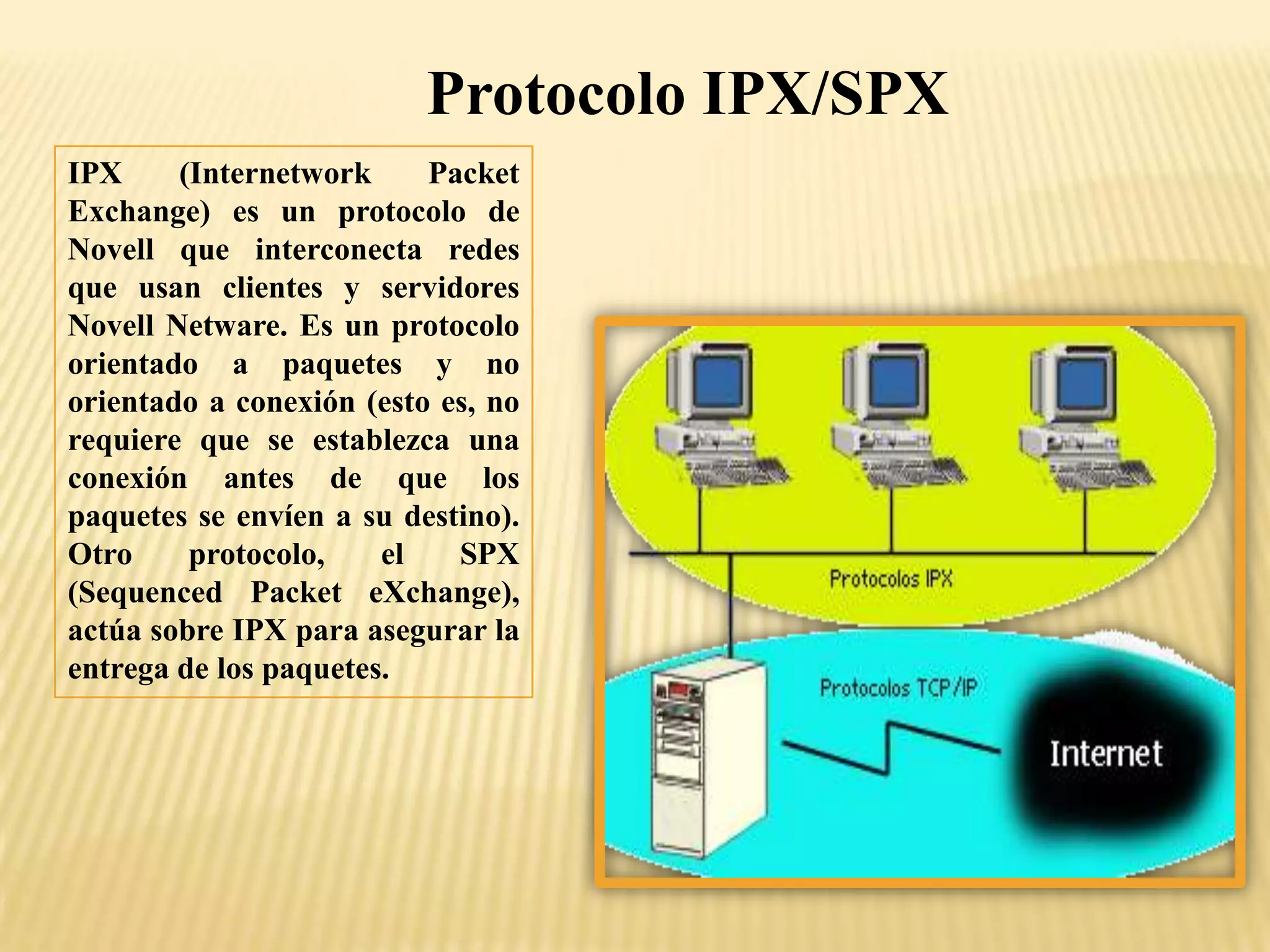 Protocolo IPX/SPX
IPX (Internetwork Packet
Exchange) es un protocolo de
Novell que interconecta redes
que usan clientes y servidores
Novell Netware. Es un protocolo
orientado a paquetes y no
orientado a conexión (esto es, no
requiere que se establezca una
conexión antes de que los
paquetes se envíen a su destino).
Otro protocolo, el SPX
(Sequenced Packet eXchange),
actúa sobre IPX para asegurar la
entrega de los paquetes.
 