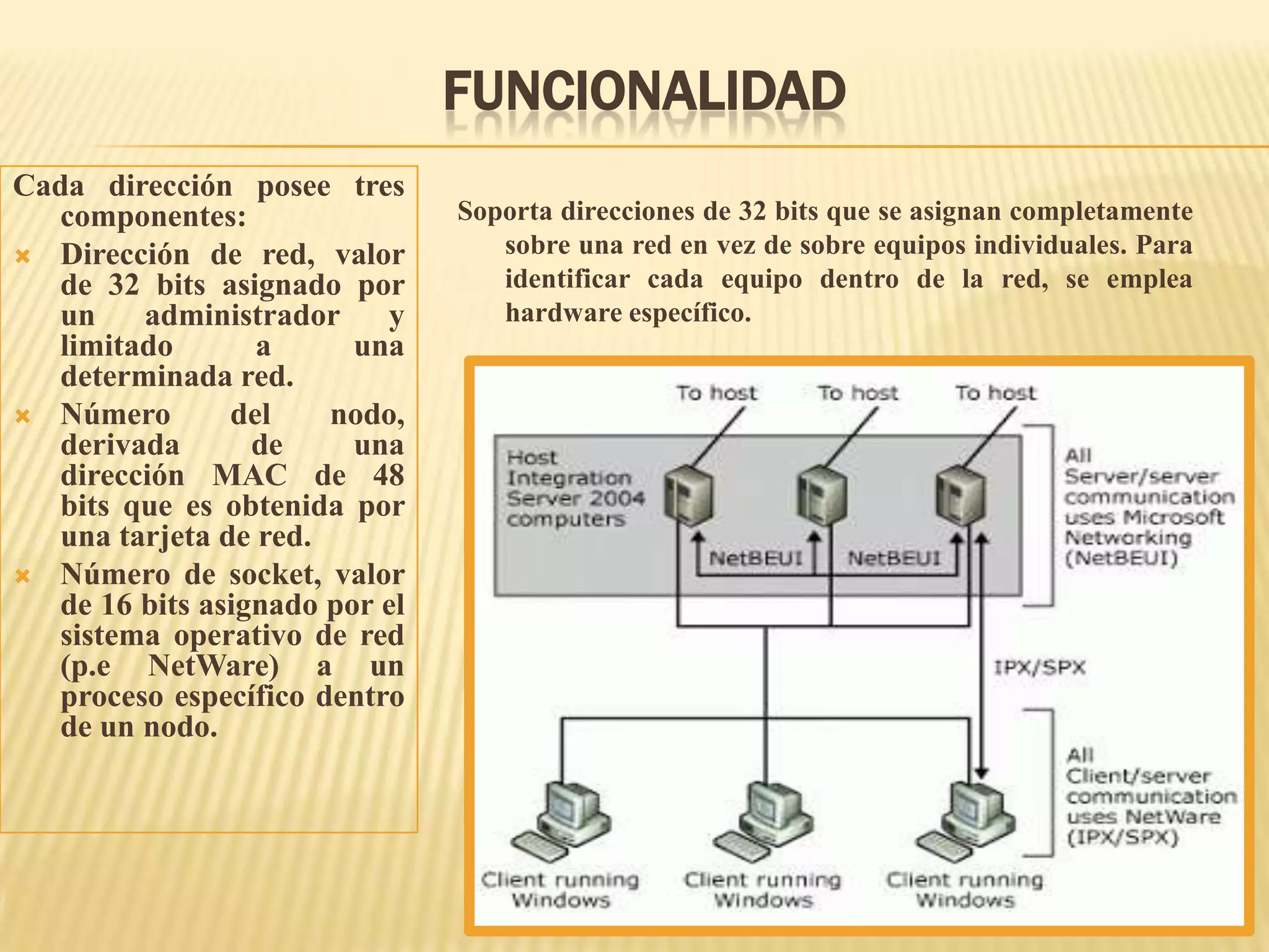 FUNCIONALIDAD
Soporta direcciones de 32 bits que se asignan completamente
sobre una red en vez de sobre equipos individuales. Para
identificar cada equipo dentro de la red, se emplea
hardware específico.
Cada dirección posee tres
componentes:
 Dirección de red, valor
de 32 bits asignado por
un administrador y
limitado a una
determinada red.
 Número del nodo,
derivada de una
dirección MAC de 48
bits que es obtenida por
una tarjeta de red.
 Número de socket, valor
de 16 bits asignado por el
sistema operativo de red
(p.e NetWare) a un
proceso específico dentro
de un nodo.
 