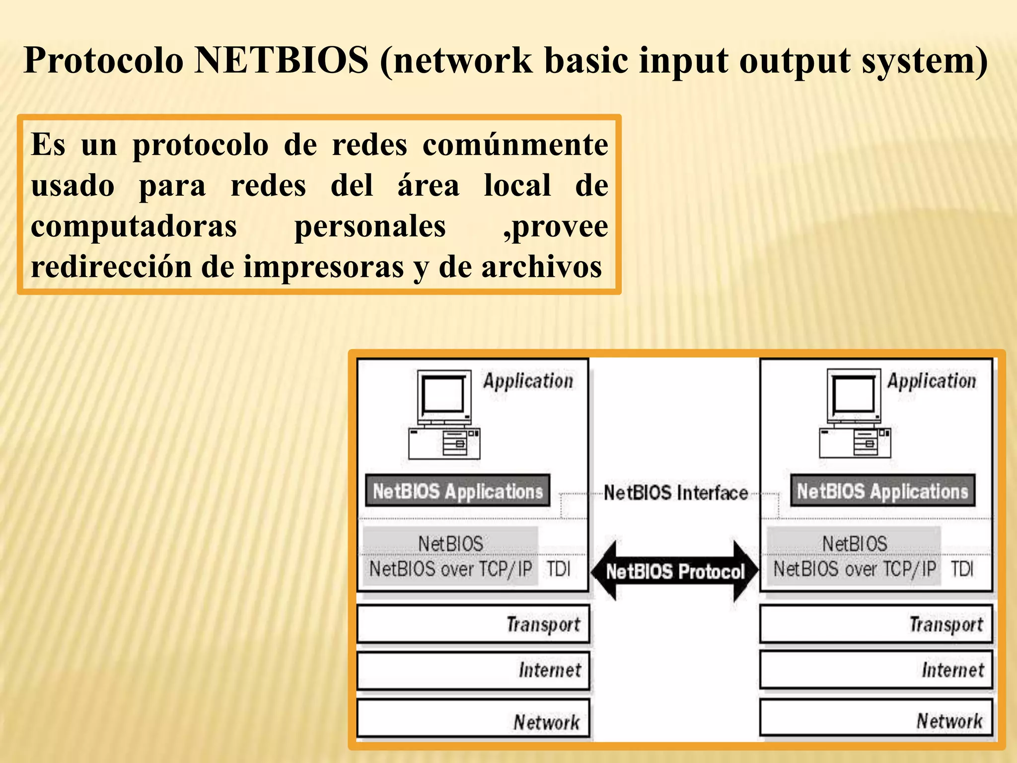 Es un protocolo de redes comúnmente
usado para redes del área local de
computadoras personales ,provee
redirección de impresoras y de archivos
Protocolo NETBIOS (network basic input output system)
 