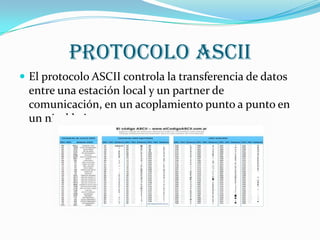 PROTOCOLO ASCII
 El protocolo ASCII controla la transferencia de datos
 entre una estación local y un partner de
 comunicación, en un acoplamiento punto a punto en
 un nivel bajo.
 