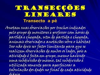 Anotam suas observações por trechos indicados
pelo grupo de monitores e professor com horas de
partida e chegada, utm de partida e chegada,
animais observados e anotações sobre o habitat
Isso não deve ser fator limitante para que se
realizem observações de ambos os lados, pois a
atividade é feita em grupo, mesmo havendo
uma subdivisão do mesmo, tal subdivisão é
utilizada somente para aperfeiçoar a
tabulação dos dados no final de cada atividade
Transecções
lineares
Transecto a pé
 