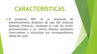 CARACTERÍSTICAS
   El protocolo RIP1 es un protocolo de
    encaminamiento dinámico de tipo IGP (Internal
    Gateway Protocol), mediante el cuál los router
    pertenecientes a un mismo Sistema Autónomo
    intercambian y actualizan sus correspondientes
    tablas de rutas.
 