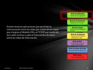 Existen diversas aplicaciones que permiten la
comunicación entre las redes por medio de las capas
que integran el Modelo OSI y el TCP/IP por medio de
los cuales se lleva a cabo el intercambio de datos
entre las redes de información.
 