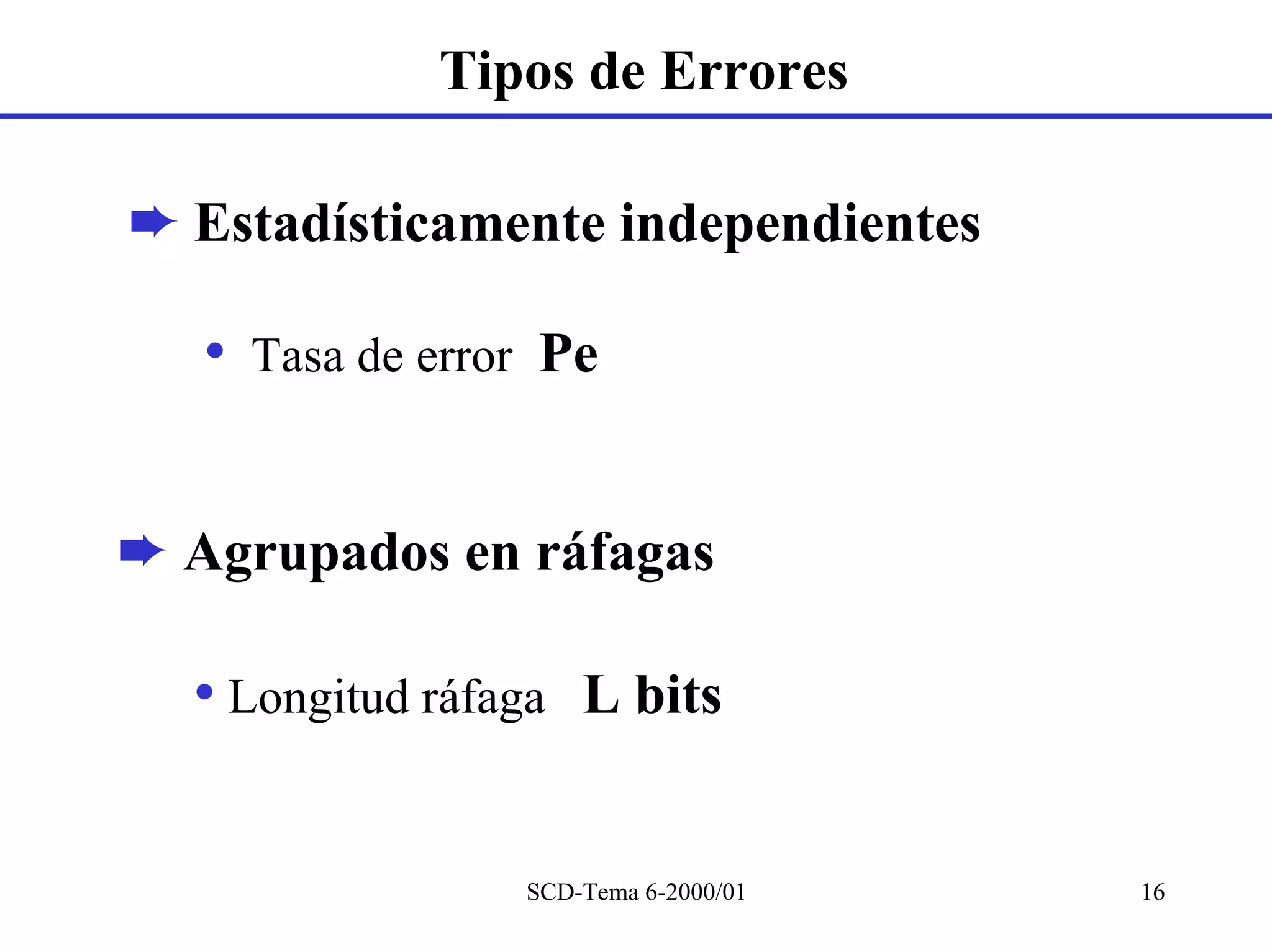 Tipos de Errores

➨ Estadísticamente independientes

   •   Tasa de error Pe



➨ Agrupados en ráfagas

  • Longitud ráfaga L bits

                   SCD-Tema 6-2000/01   16
 