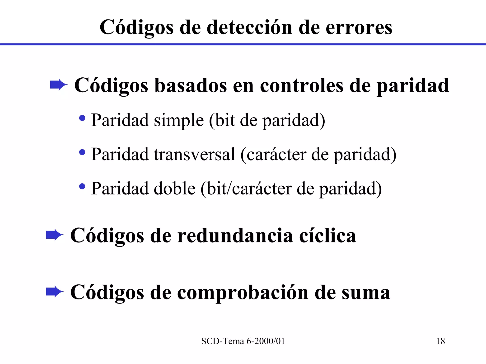 Códigos de detección de errores

➨ Códigos basados en controles de paridad
   • Paridad simple (bit de paridad)
   • Paridad transversal (carácter de paridad)
   • Paridad doble (bit/carácter de paridad)
➨ Códigos de redundancia cíclica

➨ Códigos de comprobación de suma

                   SCD-Tema 6-2000/01            18
 