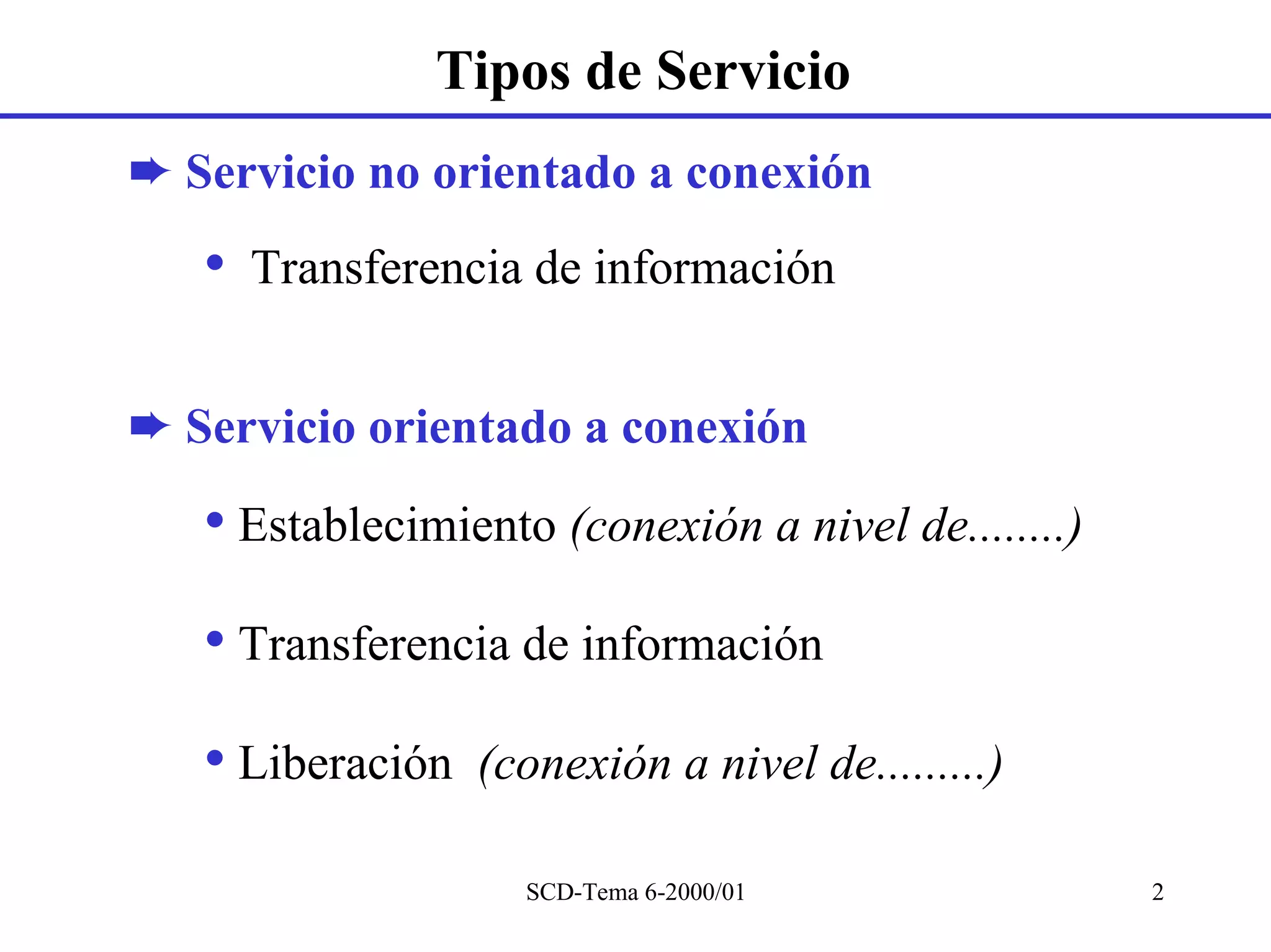 Tipos de Servicio
➨ Servicio no orientado a conexión
   •   Transferencia de información


➨ Servicio orientado a conexión
   • Establecimiento (conexión a nivel de........)
   • Transferencia de información
   • Liberación   (conexión a nivel de.........)

                    SCD-Tema 6-2000/01               2
 