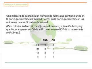 PROTOCOLOS DE COMUNICACIONES
Una máscara de subred es un número de 32bits que contiene unos en
la parte que identifica la subred y ceros en la parte que identifican las
máquinas de esa dirección de subred.
(Para calcular la dirección de difusión (Broadcast) a la red/subred, hay
que hacer la operación OR de la IP con el inverso NOT de su mascara de
red/subred.)
AND OR
00 0 0
01 0 1
10 0 1
11 1 1
 