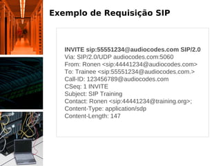 Exemplo de Requisição SIP



   INVITE sip:55551234@audiocodes.com SIP/2.0
   Via: SIP/2.0/UDP audiocodes.com:5060
   From: Ronen <sip:44441234@audiocodes.com>
   To: Trainee <sip:55551234@audiocodes.com.>
   Call-ID: 123456789@audiocodes.com
   CSeq: 1 INVITE
   Subject: SIP Training
   Contact: Ronen <sip:44441234@training.org>;
   Content-Type: application/sdp
   Content-Length: 147
 