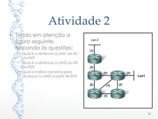 Atividade 2
• Tendo em atenção a
figura seguinte,
responda às questões:
o Qual é a distância à LAN1 do R2
via R4?
o Qual é a distância à LAN2 do R3
via R2?
o Qual o melhor caminho para
alcançar a LAN2 a partir de R5?
26
Lan1
 