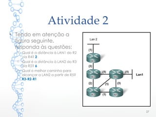 Atividade 2
• Tendo em atenção a
figura seguinte,
responda às questões:
o Qual é a distância à LAN1 do R2
via R4? 2
o Qual é a distância à LAN2 do R3
via R2? 6
o Qual o melhor caminho para
alcançar a LAN2 a partir de R5?
R3-R2-R1
27
Lan1
 