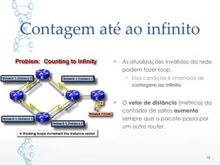 Contagem até ao infinito
• As atualizações inválidas da rede
podem fazer loop.
o Essa condição é chamada de
contagem ao infinito.
• O vetor de distância (métrica) do
contador de saltos aumenta
sempre que o pacote passa por
um outro router.
18
 