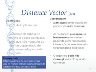Distance Vector (4/4)
Vantagens
• Fácil de implementar;
• O cálculo da tabela de
routing é pouco complexo,
pelo que não necessita de
grande capacidade de
processamento por parte
do router.
Desvantagens
• Mensagens de actualização
podem ser muito extensas;
• As mudanças propagam-se
lentamente entre routers,
podendo existir routers com
informação incorrecta e esta
ser propagada pela rede;
• O algoritmo pode não
convergir e é lento quando
converge.
7
Convergência
intervalo de tempo necessário para
que os routers tomem conhecimento de
alterações e recalculem as rotas
Convergência
intervalo de tempo necessário para
que os routers tomem conhecimento de
alterações e recalculem as rotas
 