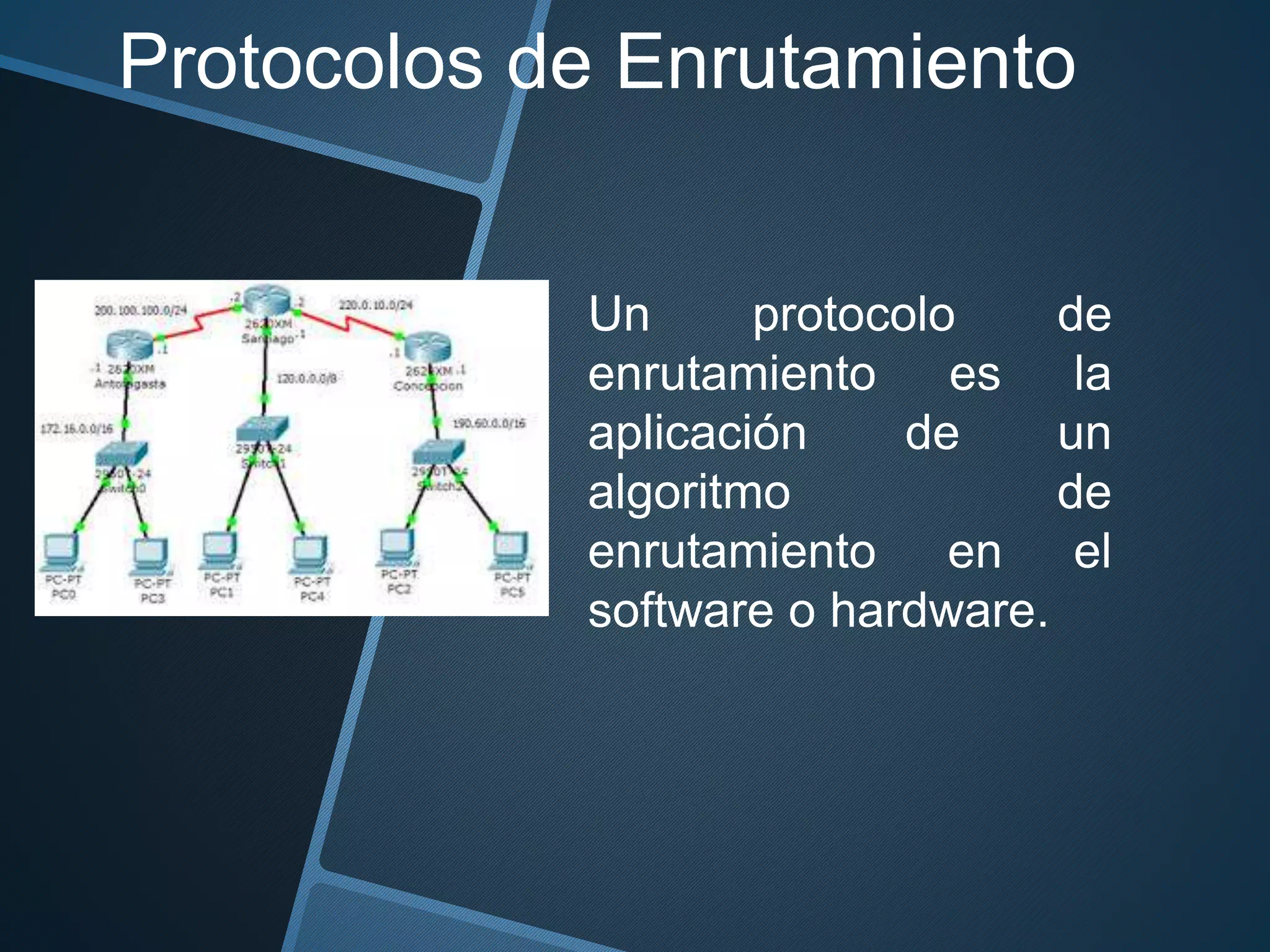 Protocolos de Enrutamiento
Un protocolo de
enrutamiento es la
aplicación de un
algoritmo de
enrutamiento en el
software o hardware.
 