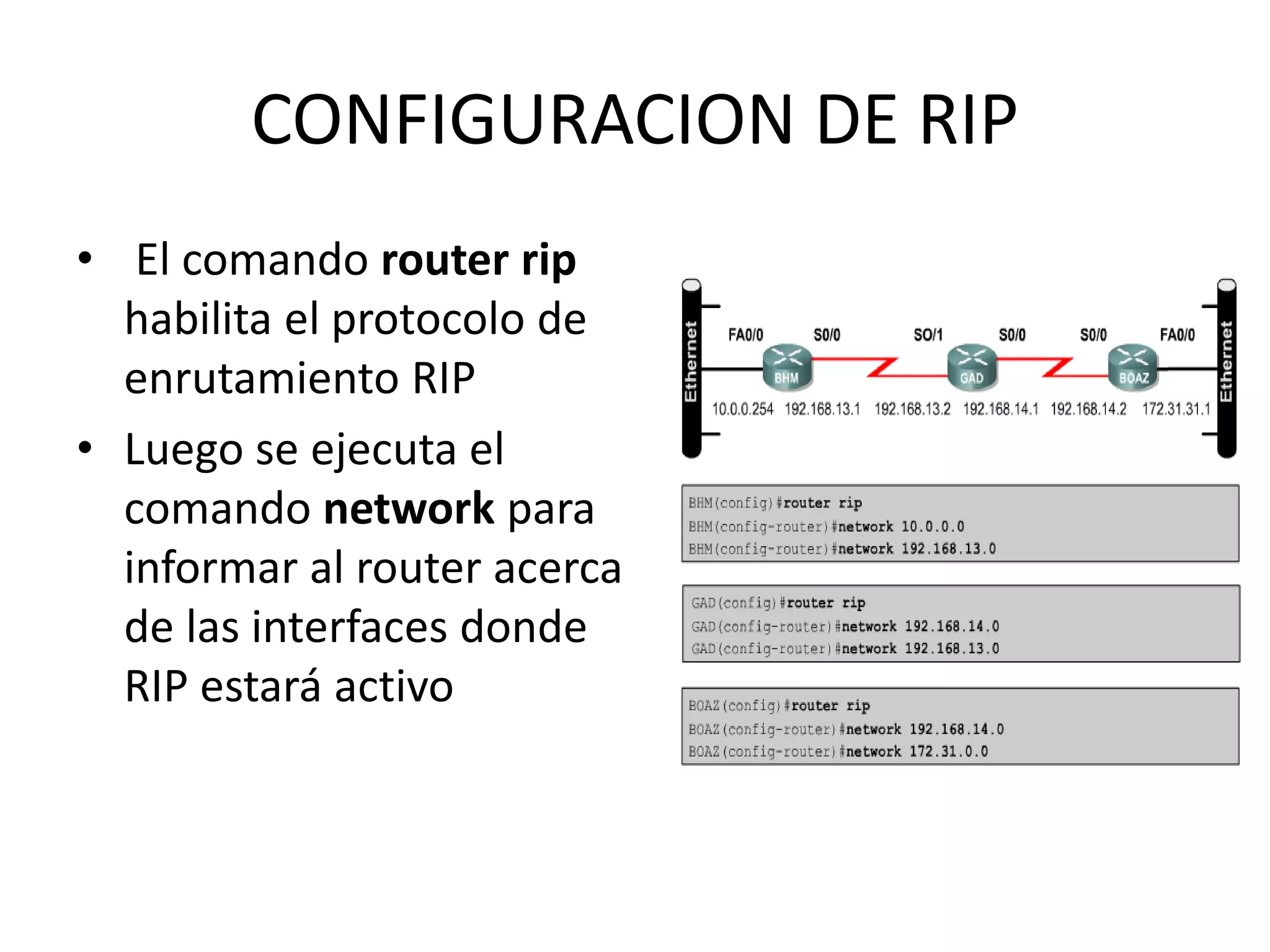 CONFIGURACION DE RIP
• El comando router rip
habilita el protocolo de
enrutamiento RIP
• Luego se ejecuta el
comando network para
informar al router acerca
de las interfaces donde
RIP estará activo
 