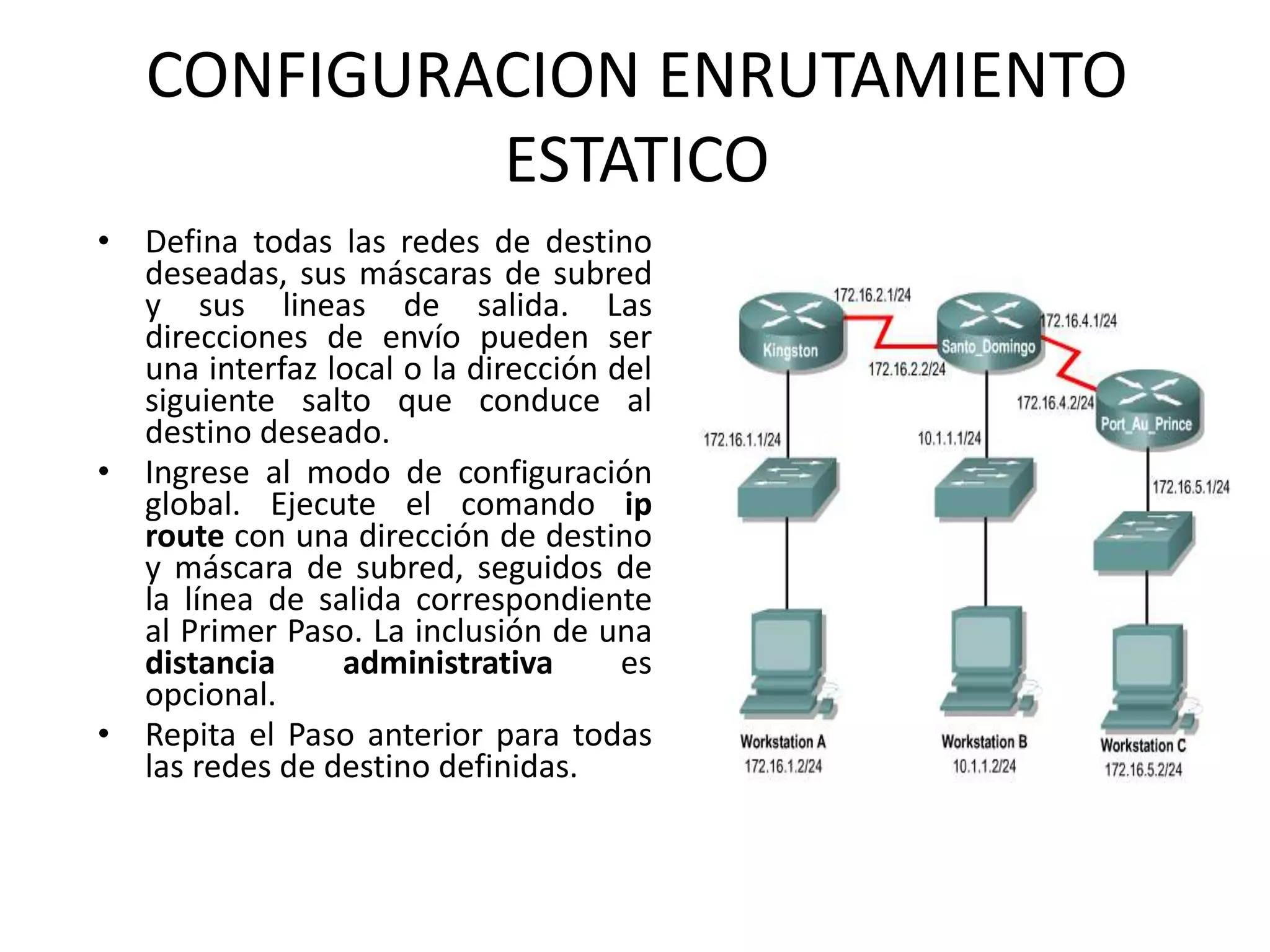 CONFIGURACION ENRUTAMIENTO
ESTATICO
• Defina todas las redes de destino
deseadas, sus máscaras de subred
y sus lineas de salida. Las
direcciones de envío pueden ser
una interfaz local o la dirección del
siguiente salto que conduce al
destino deseado.
• Ingrese al modo de configuración
global. Ejecute el comando ip
route con una dirección de destino
y máscara de subred, seguidos de
la línea de salida correspondiente
al Primer Paso. La inclusión de una
distancia administrativa es
opcional.
• Repita el Paso anterior para todas
las redes de destino definidas.
 