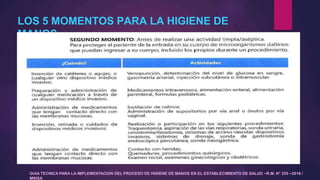 LOS 5 MOMENTOS PARA LA HIGIENE DE
MANOS:
GUIA TECNICA PARA LA IMPLEMENTACION DEL PROCESO DE HIGIENE DE MANOS EN EL ESTABLECIMIENTO DE SALUD –R.M. N° 255 –2016 /
MINSA
 
