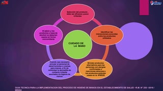 CUIDADO DE
LA MANO
GUIA TECNICA PARA LA IMPLEMENTACION DEL PROCESO DE HIGIENE DE MANOS EN EL ESTABLECIMIENTO DE SALUD –R.M. N° 255 –2016 /
MINSA
Selección del producto ,
debe ser eficaces y poco
irritantes
Identificar las
interacciones conocidas
entre los productos
utilizados
Brindar productos
alternativos para las
personas con alergias
confirmadas o
reacciones adversas a
los productos estándar
usado en la IPRESS
Cuando sea necesario
proveer al personal de
salud lociones o cremas
para manos, a fin de
minimizar la dermatitis de
contacto irritante
asociada a la higiene de
manos
El jabón y los
productos a base de
alcohol no deberían
usarse en forma
concomitante
 