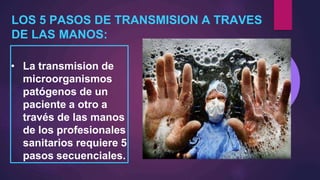 LOS 5 PASOS DE TRANSMISION A TRAVES
DE LAS MANOS:
• La transmision de
microorganismos
patógenos de un
paciente a otro a
través de las manos
de los profesionales
sanitarios requiere 5
pasos secuenciales.
 