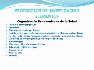 PROTOCOLOS DE INVESTIGACION
ELEMENTOS
Organización Panamericana de la Salud
 Título de la investigación
 Resumen
 Planteamiento del problema
 Justificación y uso de los resultados (objetivos últimos, aplicabilidad)
 Fundamento teórico (argumentación, respuestas posibles, hipótesis)
 Objetivos de investigación (general y específicos)
 Metodología
 Plan de análisis de los resultados
 Referencias bibliográficas
 Cronograma
 Presupuesto
 Anexos
 
