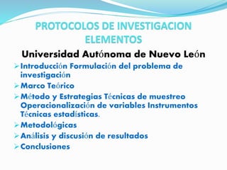 PROTOCOLOS DE INVESTIGACION
ELEMENTOS
Universidad Autónoma de Nuevo León
Introducción Formulación del problema de
investigación
Marco Teórico
Método y Estrategias Técnicas de muestreo
Operacionalización de variables Instrumentos
Técnicas estadísticas.
Metodológicas
Análisis y discusión de resultados
Conclusiones
 