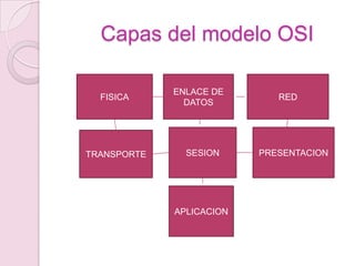 Capas del modelo OSI

             ENLACE DE
  FISICA                     RED
               DATOS




TRANSPORTE     SESION     PRESENTACION




             APLICACION
 