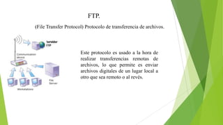 FTP.
(File Transfer Protocol) Protocolo de transferencia de archivos.

Este protocolo es usado a la hora de
realizar transferencias remotas de
archivos, lo que permite es enviar
archivos digitales de un lugar local a
otro que sea remoto o al revés.

 