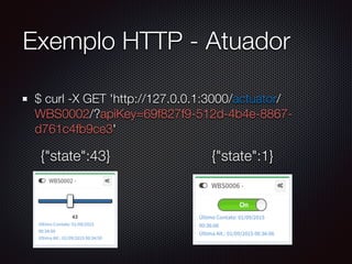Exemplo HTTP - Atuador
$ curl -X GET 'http://127.0.0.1:3000/actuator/
WBS0002/?apiKey=69f827f9-512d-4b4e-8867-
d761c4fb9ce3'
{"state":43} {"state":1}
 