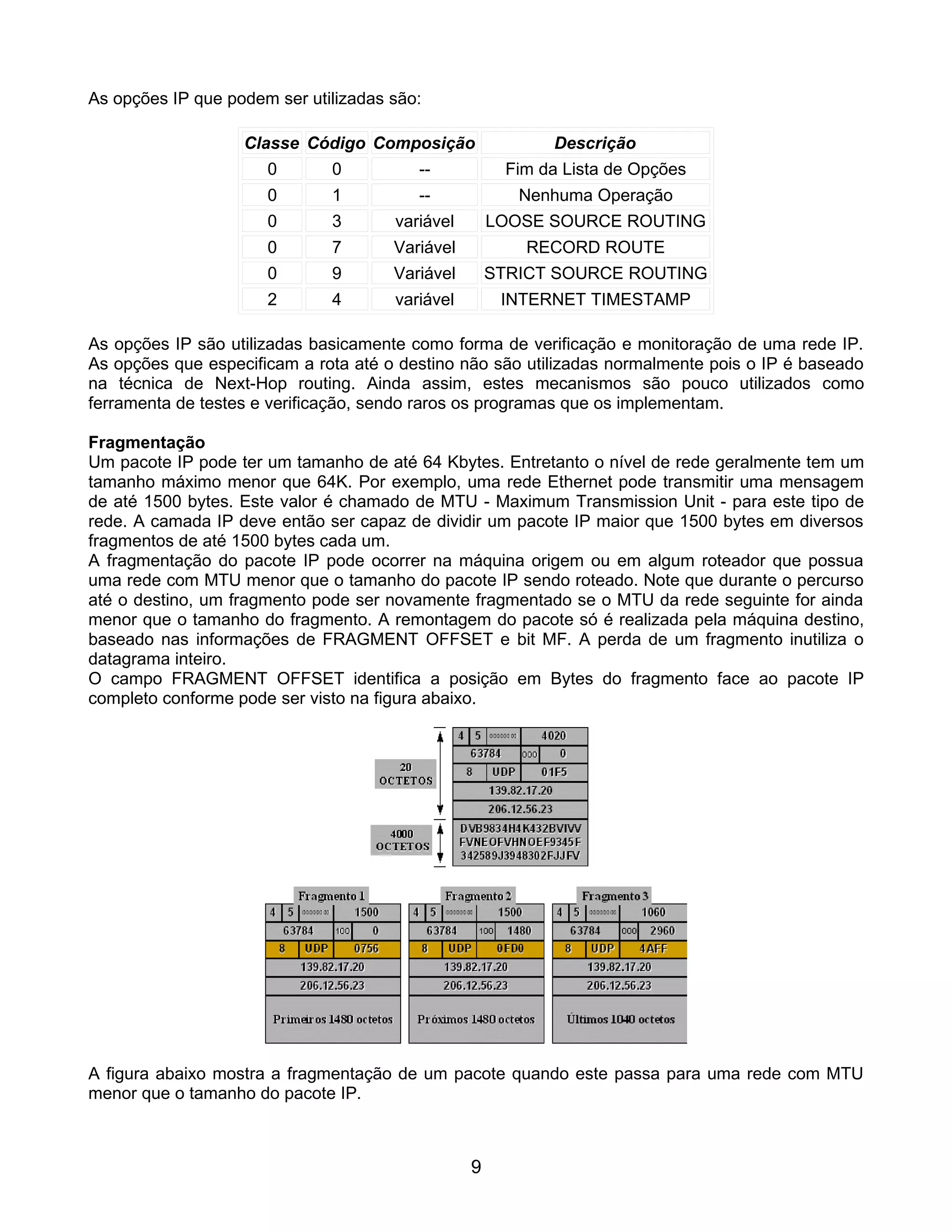 As opções IP que podem ser utilizadas são:

                   Classe Código Composição                 Descrição
                      0       0          --            Fim da Lista de Opções
                      0       1          --             Nenhuma Operação
                      0       3       variável       LOOSE SOURCE ROUTING
                      0       7       Variável           RECORD ROUTE
                      0       9       Variável       STRICT SOURCE ROUTING
                      2       4       variável        INTERNET TIMESTAMP

As opções IP são utilizadas basicamente como forma de verificação e monitoração de uma rede IP.
As opções que especificam a rota até o destino não são utilizadas normalmente pois o IP é baseado
na técnica de Next-Hop routing. Ainda assim, estes mecanismos são pouco utilizados como
ferramenta de testes e verificação, sendo raros os programas que os implementam.

Fragmentação
Um pacote IP pode ter um tamanho de até 64 Kbytes. Entretanto o nível de rede geralmente tem um
tamanho máximo menor que 64K. Por exemplo, uma rede Ethernet pode transmitir uma mensagem
de até 1500 bytes. Este valor é chamado de MTU - Maximum Transmission Unit - para este tipo de
rede. A camada IP deve então ser capaz de dividir um pacote IP maior que 1500 bytes em diversos
fragmentos de até 1500 bytes cada um.
A fragmentação do pacote IP pode ocorrer na máquina origem ou em algum roteador que possua
uma rede com MTU menor que o tamanho do pacote IP sendo roteado. Note que durante o percurso
até o destino, um fragmento pode ser novamente fragmentado se o MTU da rede seguinte for ainda
menor que o tamanho do fragmento. A remontagem do pacote só é realizada pela máquina destino,
baseado nas informações de FRAGMENT OFFSET e bit MF. A perda de um fragmento inutiliza o
datagrama inteiro.
O campo FRAGMENT OFFSET identifica a posição em Bytes do fragmento face ao pacote IP
completo conforme pode ser visto na figura abaixo.




A figura abaixo mostra a fragmentação de um pacote quando este passa para uma rede com MTU
menor que o tamanho do pacote IP.



                                                 9
 