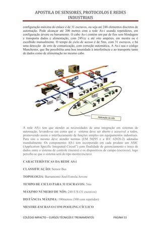 APOSTILA DE SENSORES, PROTOCOLOS E REDES
                        INDUSTRIAIS

configuração máxima do enlace é de 31 escravos, ou seja até 248 elementos discretos de
automação. Pode alcançar até 200 metros com a rede As-i usando repetidores, em
configuração árvore ou barramento. O cabo As-i contém um par de fios sem blindagem
e transporta dados e alimentação, com 24Vcc e até oito ampéres, em mestra ou é
escolhido manualmente. O tempo de ciclo de acesso é de 5ms, com 31 escravos, e há
uma detecção de erro de comunicação, com correção automática. A As-i usa o código
Manchester, que lhe possibilita uma boa imunidade à interferência e ao transporte tanto
de dados como de alimentação no mesmo cabo.




A rede AS-i tem que atender as necessidades de uma integração em sistemas de
automação, levando-se em conta que o sistema deve ser aberto e acessível a todos,
promovendo assim o interfaceamento de funções simples em equipamentos industriais.
Para isto o mesmo deve atender normas (EM 50295 e a IEC 62026-2) adotadas
mundialmente. Os componentes AS-i tem incorporado em cada produto um ASIC
(Application Specific Integrated Circuit”) com finalidade de gerenciamento e troca de
dados entre o sistema de controle (mestre) e os dispositivos de campo (escravos), logo
percebe-se que o sistema será do tipo mestre/escravo.

CARACTERÍSTICAS DA REDE AS-i

CLASSIFICAÇÃO: Sensor Bus

TOPOLOGIA: Barramento/Anel/Estrela/Arvore

TEMPO DE CICLO PARA 31 ESCRAVOS: 5ms

MÁXIMO NÚMERO DE NÓS: 248 E/S (31 escravos)

DISTÂNCIA MÁXIMA: 100metros (300 com repetidor)

MESTRE-ESCRAVO COM POOLING CÍCLICO


COLÉGIO IMPACTO – CURSOS TÉCNICOS E TREINAMENTOS                    PÁGINA 53
 