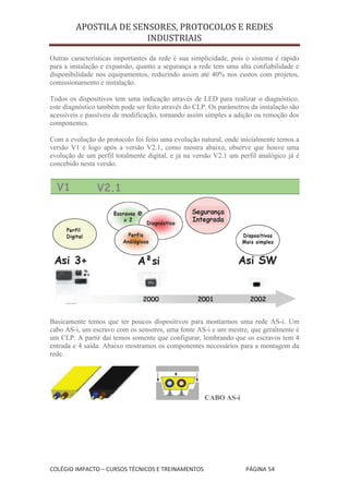 APOSTILA DE SENSORES, PROTOCOLOS E REDES
                       INDUSTRIAIS

Outras características importantes da rede é sua simplicidade, pois o sistema é rápido
para a instalação e expansão, quanto a segurança a rede tem uma alta confiabilidade e
disponibilidade nos equipamentos, reduzindo assim até 40% nos custos com projetos,
comissionamento e instalação.

Todos os dispositivos tem uma indicação através de LED para realizar o diagnóstico,
este diagnóstico também pode ser feito através do CLP. Os parâmetros da instalação são
acessíveis e passíveis de modificação, tornando assim simples a adição ou remoção dos
componentes.

Com a evolução do protocolo foi feito uma evolução natural, onde inicialmente temos a
versão V1 e logo após a versão V2.1, como mostra abaixo, observe que houve uma
evolução de um perfil totalmente digital, e já na versão V2.1 um perfil analógico já é
concebido nesta versão.




Basicamente temos que ter poucos dispositivos para montarmos uma rede AS-i. Um
cabo AS-i, um escravo com os sensores, uma fonte AS-i e um mestre, que geralmente é
um CLP. A partir daí temos somente que configurar, lembrando que os escravos tem 4
entrada e 4 saída. Abaixo mostramos os componentes necessários para a montagem da
rede.




                                                     CABO AS-i




COLÉGIO IMPACTO – CURSOS TÉCNICOS E TREINAMENTOS                   PÁGINA 54
 