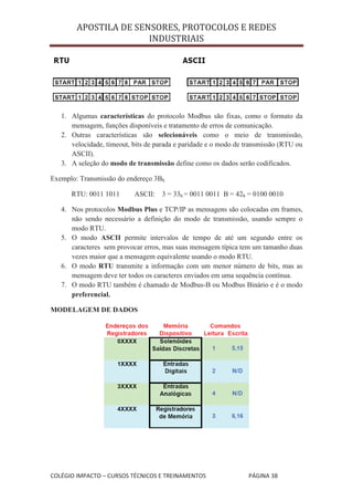 APOSTILA DE SENSORES, PROTOCOLOS E REDES
                       INDUSTRIAIS




   1. Algumas características do protocolo Modbus são fixas, como o formato da
      mensagem, funções disponíveis e tratamento de erros de comunicação.
   2. Outras características são selecionáveis como o meio de transmissão,
      velocidade, timeout, bits de parada e paridade e o modo de transmissão (RTU ou
      ASCII).
   3. A seleção do modo de transmissão define como os dados serão codificados.

Exemplo: Transmissão do endereço 3Bh

      RTU: 0011 1011       ASCII:   3 = 33h = 0011 0011 B = 42h = 0100 0010

   4. Nos protocolos Modbus Plus e TCP/IP as mensagens são colocadas em frames,
      não sendo necessário a definição do modo de transmissão, usando sempre o
      modo RTU.
   5. O modo ASCII permite intervalos de tempo de até um segundo entre os
      caracteres sem provocar erros, mas suas mensagem típica tem um tamanho duas
      vezes maior que a mensagem equivalente usando o modo RTU.
   6. O modo RTU transmite a informação com um menor número de bits, mas as
      mensagem deve ter todos os caracteres enviados em uma sequência contínua.
   7. O modo RTU também é chamado de Modbus-B ou Modbus Binário e é o modo
      preferencial.

MODELAGEM DE DADOS




COLÉGIO IMPACTO – CURSOS TÉCNICOS E TREINAMENTOS                 PÁGINA 38
 