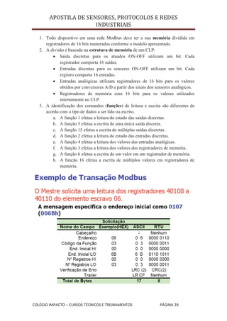 APOSTILA DE SENSORES, PROTOCOLOS E REDES
                       INDUSTRIAIS

   1. Todo dispositivo em uma rede Modbus deve ter a sua memória dividida em
      registradores de 16 bits numerados conforme o modelo apresentado.
   2. A divisão é baseada na estrutura de memória de um CLP:
          x Saída discretas para os atuados ON-OFF utilizam um bit. Cada
              registrador comporta 16 saídas.
          x Entradas discretas para os sensores ON-OFF utilizam um bit. Cada
              registro comporta 16 entradas.
          x Entradas analógicas utilizam registradores de 16 bits para os valores
              obtidos por conversores A/D a partir dos sinais dos sensores analógicos.
          x Registradores de memória com 16 bits para os valores utilizados
              internamente no CLP.
   3. A identificação dos comandos (funções) de leitura e escrita são diferentes de
      acordo com o tipo de dados a ser lido ou escrito.
          a. A função 1 efetua a leitura do estado das saídas discretas.
          b. A função 5 efetua a escrita de uma única saída discreta.
          c. A função 15 efetua a escrita de múltiplas saídas discretas.
          d. A função 2 efetua a leitura do estado das entradas discretas.
          e. A função 4 efetua a leitura dos valores das entradas analógicas.
          f. A função 3 efetua a leitura dos valores dos registradores de memória.
          g. A função 6 efetua a escrita de um valor em um registrador de memória.
          h. A função 16 efetua a escrita de múltiplos valores em registradores de
              memória.




COLÉGIO IMPACTO – CURSOS TÉCNICOS E TREINAMENTOS                   PÁGINA 39
 