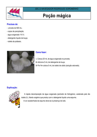 EB 2,3 NAVEGADOR RODRIGUES SOROMENHO


                                                   Poção mágica
Precisas de:
- proveta de 500 mL;
- copos de precipitação;
- água oxigenada 110 V;
- detergente líquido da louça;
- iodeto de potássio.




                                         Como fazer:

                                         1- Coloca 20 mL de água oxigenada na proveta;

                                         2- Adiciona 5 mL de detergente da louça;
                                         3- Por fim coloca 5 mL de iodeto de sódio (solução saturada).




Explicação:

                           A rápida decomposição da água oxigenada (peróxido de hidrogénio), acelerada pelo ião
                    iodeto (I-), liberta oxigénio que produz com o detergente líquido uma espuma.
                        A cor acastanhada da espuma deve-se à presença de iodo.
 