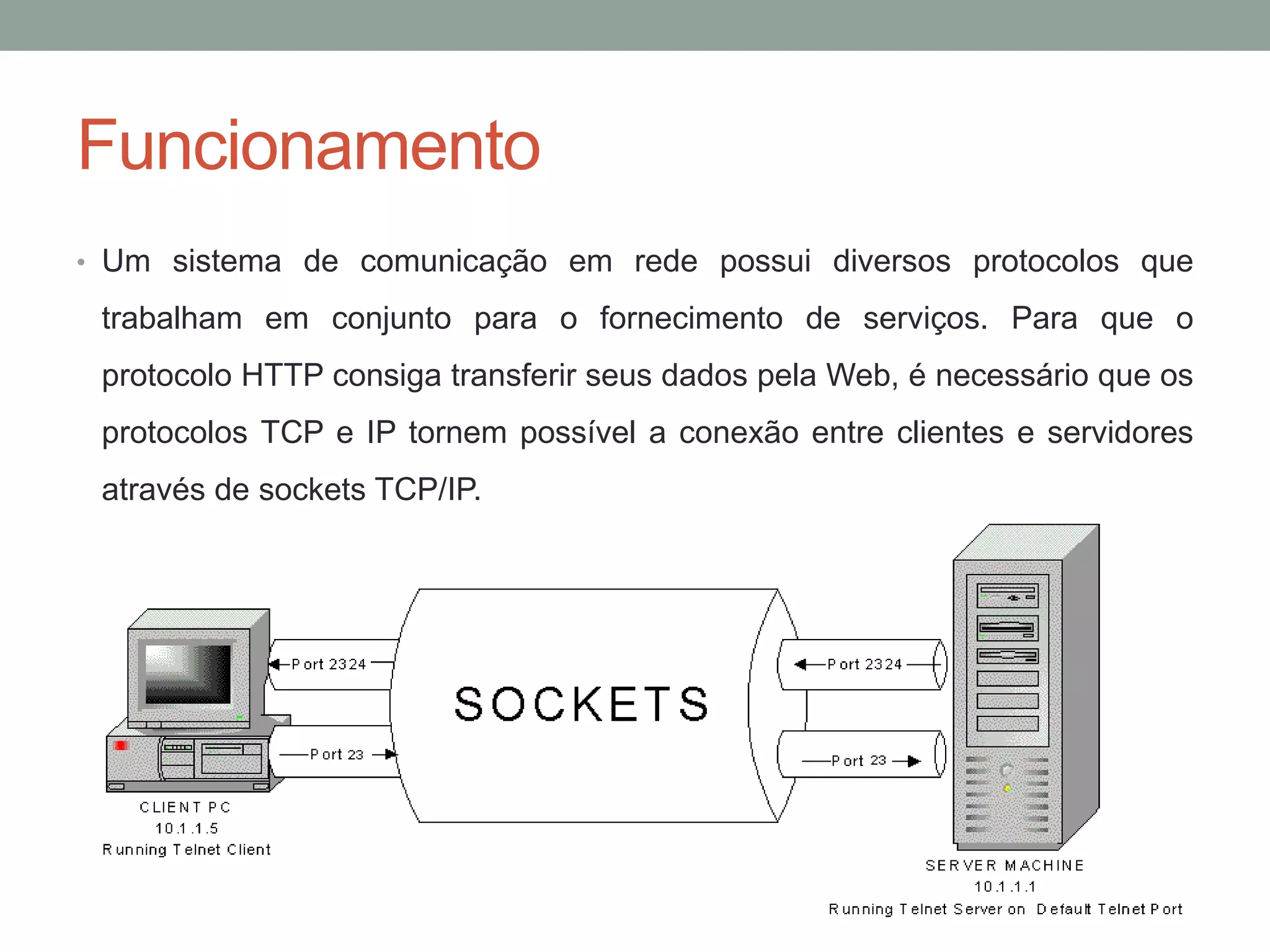 Funcionamento
• Um sistema de comunicação em rede possui diversos protocolos que
trabalham em conjunto para o fornecimento de serviços. Para que o
protocolo HTTP consiga transferir seus dados pela Web, é necessário que os
protocolos TCP e IP tornem possível a conexão entre clientes e servidores
através de sockets TCP/IP.
 