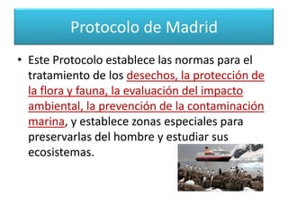 deberán ser consideraciones fundamentales para la planificación y realización de todas las actividades que se desarrollen en el área del Tratado Antártico.Protocolo de Madrid