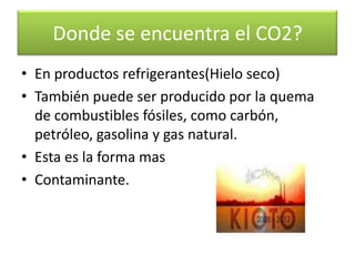 Donde se encuentra el CO2?En los Extinguidores.En los Desodorantes.En las bebidas Carbonatadas para dar efervescencia.En abonos agrícolas.