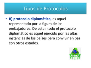 Tipos de ProtocolosEl protocolo tiene varios  tipos:A)	 El protocolo extranjero es aquel que se desenvuelve en cada país distinto al nuestro, ya que todos los estados, por pequeños que sean, tienen sus propias normas, reglas y particularidades protocolarias que hay que conocer para evitar problemas. 