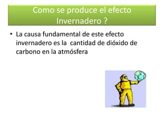 Como se produce el efecto Invernadero ?Se produce debido a la Excesiva emisión de Dióxido de carbono que  contamina el aire  y hace elevar lentamente la temperatura terrestre. 