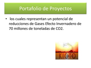 como generación de energía, sustitución de combustibles, transporte, residuos sólidos, eficiencia energética y forestales, Portafolio de Proyectos