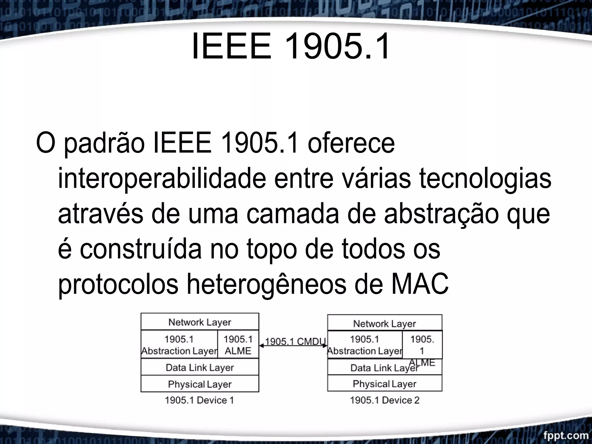 IEEE 1905.1
O padrão IEEE 1905.1 oferece
interoperabilidade entre várias tecnologias
através de uma camada de abstração que
é construída no topo de todos os
protocolos heterogêneos de MAC
 