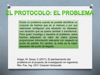 Existe un problema cuando es posible identificar un
conjunto de hechos que en sí mismos o por sus
relaciones configuran una situación no deseada,
una situación que se quiere cambiar o transformar.
Para quien investiga o resuelve el problema, estos
hechos adquieren el valor de datos porque
proporcionan información relevante con respecto al
punto de partida. En cambio, la meta es la mejor
expresión del punto de llegada.
Itriago, M. Zerpa, C.(2011). El planteamiento del
problema en el proyecto de investigación en ingeniería.
Rev. Fac. Ing. UCV. Caracas Venezuela
 
