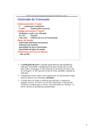 CEFET-RN / Curso Superior de Tecnologia em Automação Industrial / Redes Industriais – Aula 04




Conteúdo da Transação
Endereçamento (1 byte)
 0     : Usado para “broadcast”.
 1 a 247      : Usados pelos escravos.
Código da Função (1 byte)
 Estabelece a ação a ser efetuada.
 0 a 127      : Funções
 128 a 255    : Informe de erro na transmissão.
Bytes de Dados
 Informação adicionais necessárias.
 Endereços de memória
 Quantidade de itens transmitidos
 Quantidade de bytes do campo
Verificação de Erros (2 bytes)
  LRC ou CRC




1. A verificação de erro é efetuada opcionalmente pela paridade de
   cada byte transmitido e obrigatoriamente pelo método LRC ou CRC
   sobre toda a mensagem. O LRC descarta os caracteres de inicio e fim
   de mensagem. O CRC descarta os bits de inicio, paridade e parada de
   cada byte.
2. O dispositivo mestre espera uma resposta por um determinado tempo
   antes de abortar uma transação (timeout).
3. O tempo deve ser longo o suficiente para permitir a resposta de
   qualquer escravo. Se ocorre um erro de transmissão, o escravo não
   construirá a resposta para o mestre. Será detectado um “timeout” e o
   mestre tomará as providências programadas.




                                                                                                          6
 