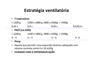 Estratégia ventilatória
• T inspiratório
< 1200 g      1200 a 1800 g 1800 a 2500g > 2500g
0,35 s        0,4 s                 0,45 s           0,5/0,6 s
• PEEP (cm H2O)
< 1200 g      1200 a 1800 g 1800 a 2500g > 2500g
3–5           3–5                   3–6                3-6
• Pinsp
• Aquela que permitir uma expansão torácica adequada com
   volume corrente entre 6 e 10 ml/Kg
• CUIDADO COM A HIPERINSUFLAÇÃO
 