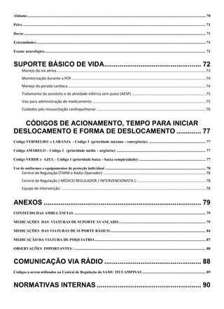Abdome............................................................................................................................................................................................ 70
Pelve ................................................................................................................................................................................................. 71
Dorso ................................................................................................................................................................................................ 71
Extremidades................................................................................................................................................................................... 71
Exame neurológico.......................................................................................................................................................................... 71
SUPORTE BÁSICO DE VIDA................................................... 72
Manejo da via aérea................................................................................................................................................73
Monitorização durante a PCR .................................................................................................................................74
Manejo da parada cardíaca.....................................................................................................................................74
Tratamento da assistolia e da atividade elétrica sem pulso (AESP) .......................................................................75
Vias para administração de medicamento .............................................................................................................75
Cuidados pós-ressuscitação cardiopulmonar .........................................................................................................76
CÓDIGOS DE ACIONAMENTO, TEMPO PARA INICIAR
DESLOCAMENTO E FORMA DE DESLOCAMENTO ............. 77
Código VERMELHO e LARANJA - Código 3 (prioridade máxima – emergência): ............................................................ 77
Código AMARELO – Código 2 (prioridade média – urgência): .............................................................................................. 77
Código VERDE e AZUL - Código 1 (prioridade baixa – baixa complexidade): ...................................................................... 77
Uso de uniformes e equipamentos de proteção individual .......................................................................................................... 78
Central de Regulação (TARM e Rádio-Operador): ..................................................................................................78
Central de Regulação ( MÉDICO REGULADOR / INTERVENCIONISTA ) :.................................................................78
Equipe de Intervenção:...........................................................................................................................................78
ANEXOS ................................................................................... 79
CONTEÚDO DAS AMBULÂNCIAS ........................................................................................................................................... 79
MEDICAÇÕES DAS VIATURAS DE SUPORTE AVANÇADO............................................................................................ 79
MEDICAÇÕES DAS VIATURAS DE SUPORTE BÁSICO..................................................................................................... 84
MEDICAÇÃO DA VIATURA DE PSIQUIATRIA..................................................................................................................... 87
OBSERVAÇÕES IMPORTANTES : .......................................................................................................................................... 88
COMUNICAÇÃO VIA RÁDIO ................................................... 88
Códigos a serem utilizados na Central de Regulação do SAMU 192 CAMPINAS ................................................................... 89
NORMATIVAS INTERNAS ....................................................... 90
 
