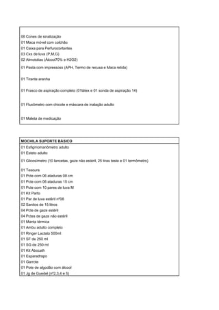 06 Cones de sinalização
01 Maca móvel com colchão
01 Caixa para Perfurocortantes
03 Cxs de luva (P,M,G)
02 Almotolias (Álcool70% e H2O2)
01 Pasta com impressoss (APH, Termo de recusa e Maca retida)
01 Tirante aranha
01 Frasco de aspiração completo (01látex e 01 sonda de aspiração 14)
01 Fluxômetro com chicote e máscara de inalação adulto
01 Maleta de medicação
MOCHILA SUPORTE BÁSICO
01 Esfigmomanômetro adulto
01 Esteto adulto
01 Glicosímetro (10 lancetas, gaze não estéril, 25 tiras teste e 01 termômetro)
01 Tesoura
01 Pcte com 06 ataduras 08 cm
01 Pcte com 06 ataduras 15 cm
01 Pcte com 10 pares de luva M
01 Kit Parto
01 Par de luva estéril nº08
02 Sanitos de 15 litros
04 Pcte de gaze estéril
04 Pctes de gaze não estéril
01 Manta térmica
01 Ambu adulto completo
01 Ringer Lactato 500ml
01 SF de 250 ml
01 SG de 250 ml
01 Kit Abocath
01 Esparadrapo
01 Garrote
01 Pote de algodão com álcool
01 Jg de Guedel (nº2,3,4 e 5)
 