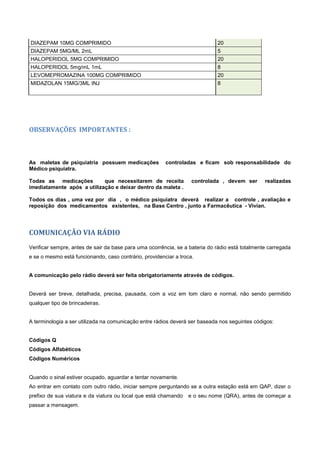 DIAZEPAM 10MG COMPRIMIDO 20
DIAZEPAM 5MG/ML 2mL 5
HALOPERIDOL 5MG COMPRIMIDO 20
HALOPERIDOL 5mg/mL 1mL 8
LEVOMEPROMAZINA 100MG COMPRIMIDO 20
MIDAZOLAN 15MG/3ML INJ 8
OBSERVAÇÕES IMPORTANTES :
As maletas de psiquiatria possuem medicações controladas e ficam sob responsabilidade do
Médico psiquiatra.
Todas as medicações que necessitarem de receita controlada , devem ser realizadas
imediatamente após a utilização e deixar dentro da maleta .
Todos os dias , uma vez por dia , o médico psiquiatra deverá realizar a controle , avaliação e
reposição dos medicamentos existentes, na Base Centro , junto a Farmacêutica - Vivian.
COMUNICAÇÃO VIA RÁDIO
Verificar sempre, antes de sair da base para uma ocorrência, se a bateria do rádio está totalmente carregada
e se o mesmo está funcionando, caso contrário, providenciar a troca.
A comunicação pelo rádio deverá ser feita obrigatoriamente através de códigos.
Deverá ser breve, detalhada, precisa, pausada, com a voz em tom claro e normal, não sendo permitido
qualquer tipo de brincadeiras.
A terminologia a ser utilizada na comunicação entre rádios deverá ser baseada nos seguintes códigos:
Códigos Q
Códigos Alfabéticos
Códigos Numéricos
Quando o sinal estiver ocupado, aguardar e tentar novamente.
Ao entrar em contato com outro rádio, iniciar sempre perguntando se a outra estação está em QAP, dizer o
prefixo de sua viatura e da viatura ou local que está chamando e o seu nome (QRA), antes de começar a
passar a mensagem.
 