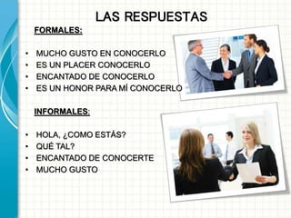 LAS RESPUESTAS
FORMALES:
• MUCHO GUSTO EN CONOCERLO
• ES UN PLACER CONOCERLO
• ENCANTADO DE CONOCERLO
• ES UN HONOR PARA MÍ CONOCERLO
INFORMALES:
• HOLA, ¿COMO ESTÁS?
• QUÉ TAL?
• ENCANTADO DE CONOCERTE
• MUCHO GUSTO
 