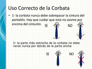 Uso Correcto de la Corbata
• 1- la corbata nunca debe sobrepasar la cintura del
pantalón. Hay que cuidar que esta no asome por
encima del cinturón.
2- la parte más estrecha de la corbata no debe
verse nunca por detrás de la parte ancha
 