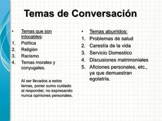 Temas de Conversación
• Temas que son
intocables:
1. Política
2. Religión
3. Racismo
4. Temas morales y
conyugales.
Al ser llevados a estos
temas, poner sumo cuidado
al responder, no expresando
nunca opiniones personales.
• Temas aburridos:
1. Problemas de salud
2. Carestía de la vida
3. Servicio Domestico
4. Discusiones matrimoniales
5. Aficiones personales, etc.,
ya que demuestran
egolatría.
 